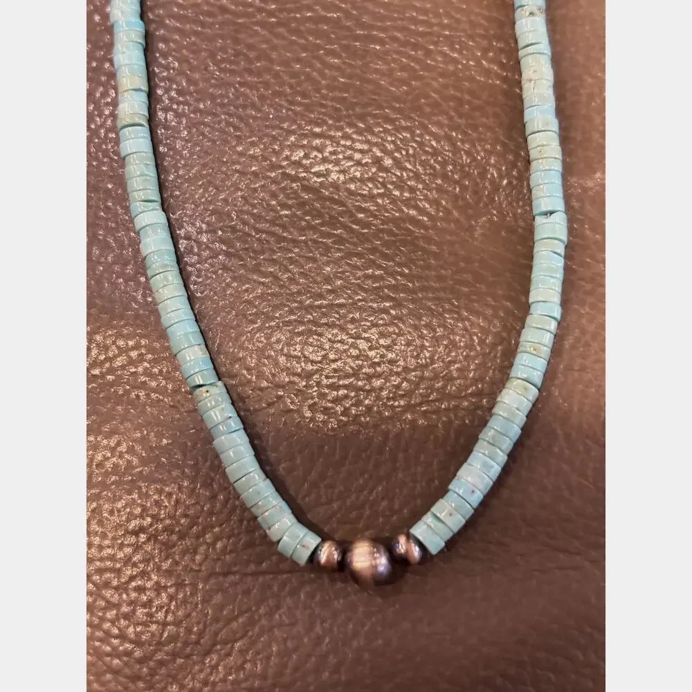 16” Turquoise Heishi Southwestern Necklace Sterling Silver
